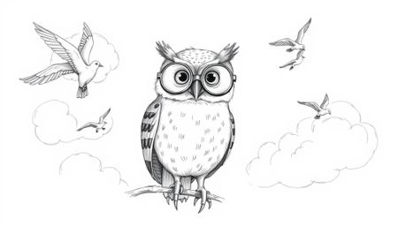 A charming hand-drawn sketch in Pixar style depicts a blind owl with large round spectacles, its beak perched high as it guid