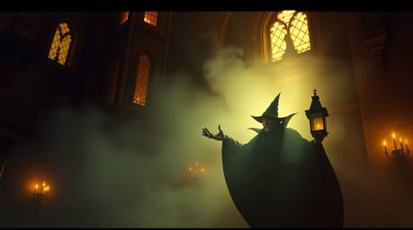 A classic Disney villain casts a spell within the aged walls of an old castle, enveloped in a thick fog that diffuses a warm,
