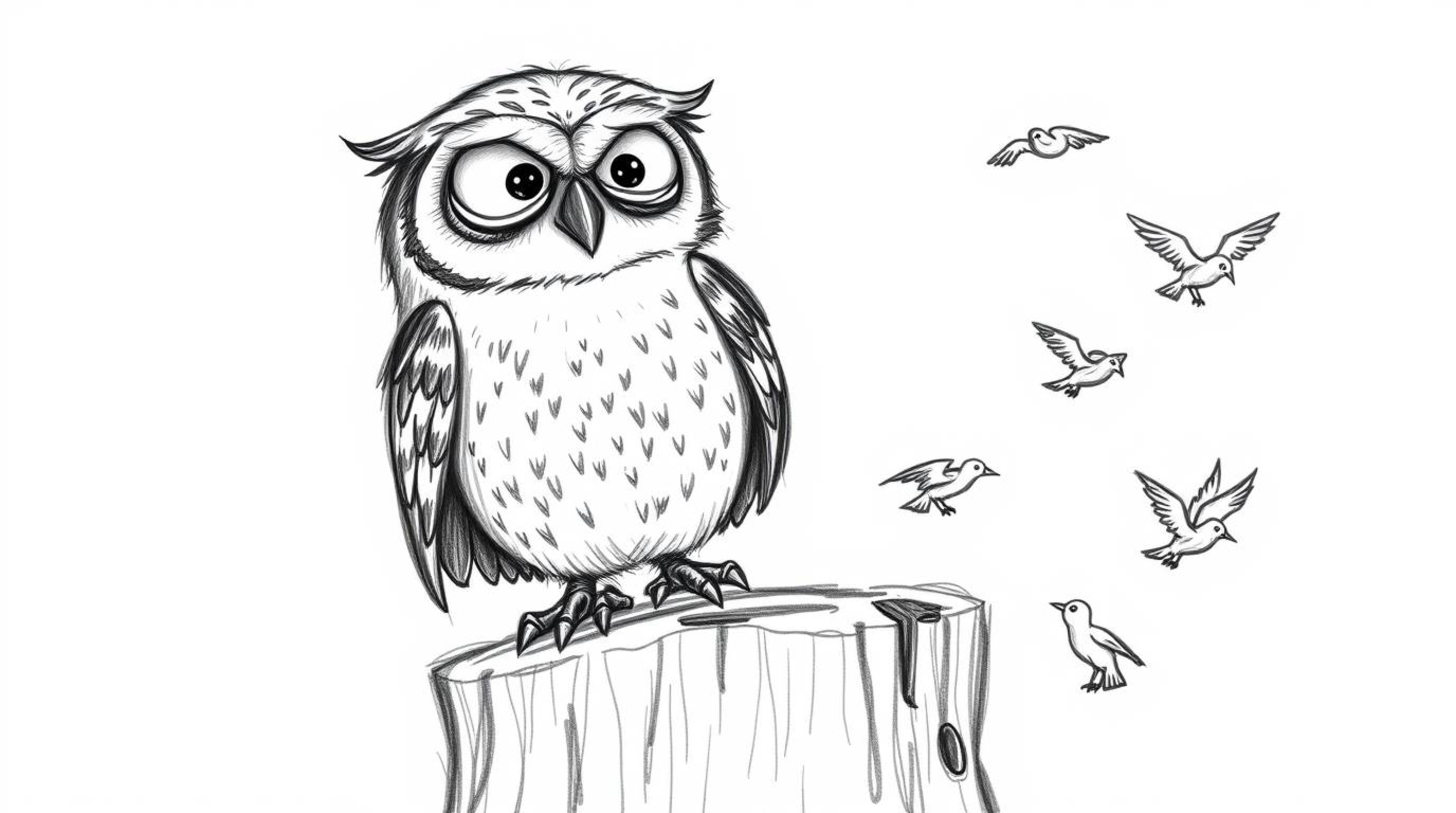 A charming, Pixar-style hand-drawn sketch depicts a friendly, slightly wrinkled blind owl teacher perched atop a tree stump. 