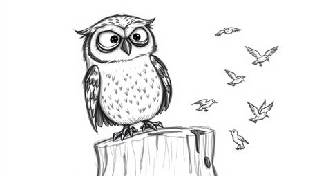 A charming, Pixar-style hand-drawn sketch depicts a friendly, slightly wrinkled blind owl teacher perched atop a tree stump. 