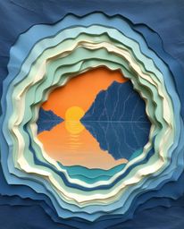 A layered papier-mâché sculpture of a glassy fjord reflecting a sunset, featuring a cool color palette of blues, greens, and 