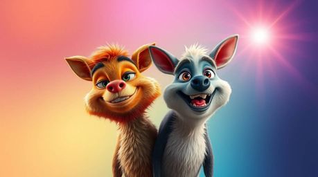 Experience a visually captivating image featuring a seamless gradient transition with two mischievous talking animals.  The a
