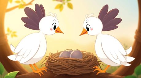 Two graceful and elegant cartoon birds are depicted building a nest in a classic animation style, bathed in the warm golden h