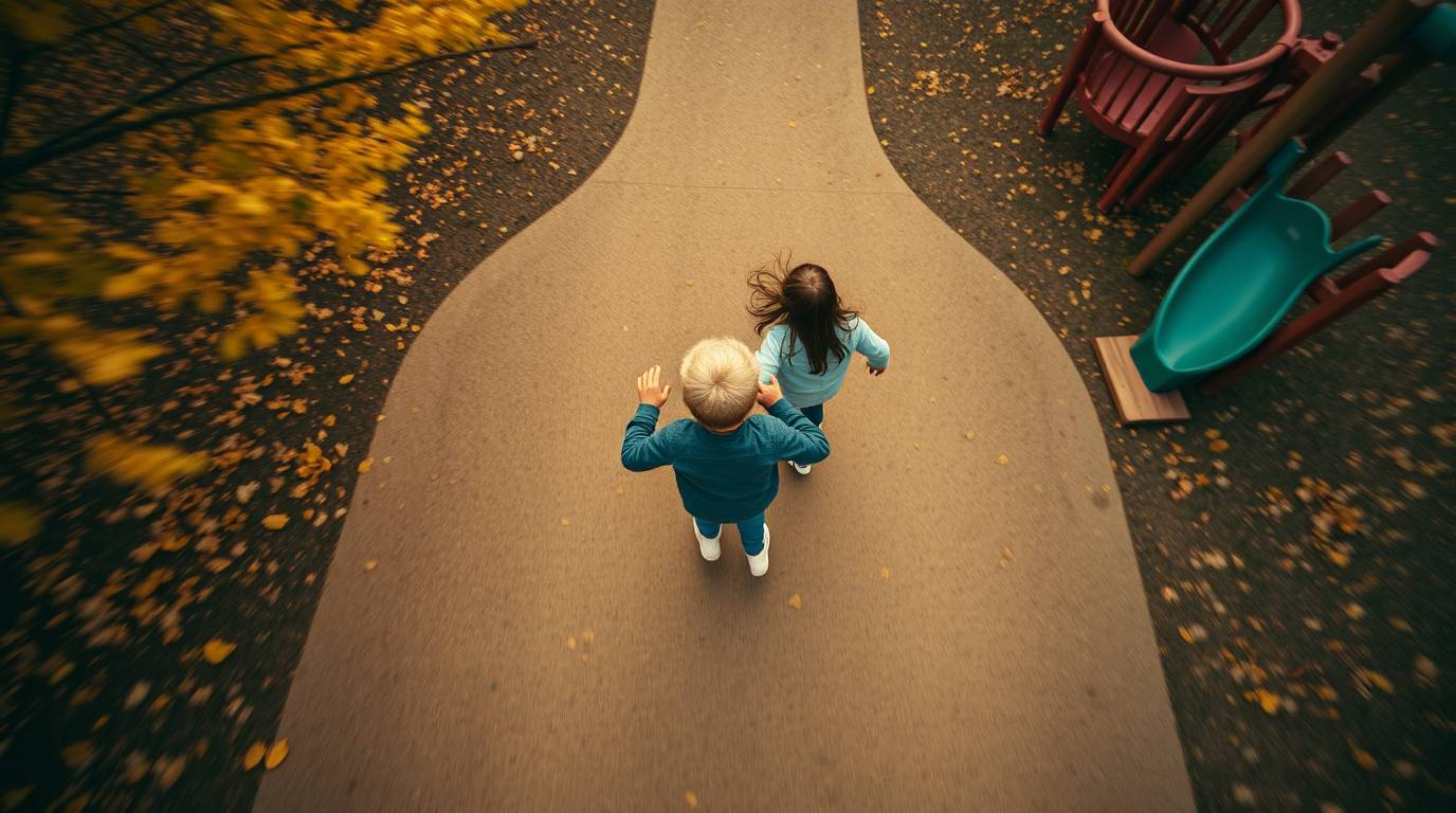 Experience a dramatic slow-motion run through a playground, captured from a stunning overhead perspective.  Warm autumn color