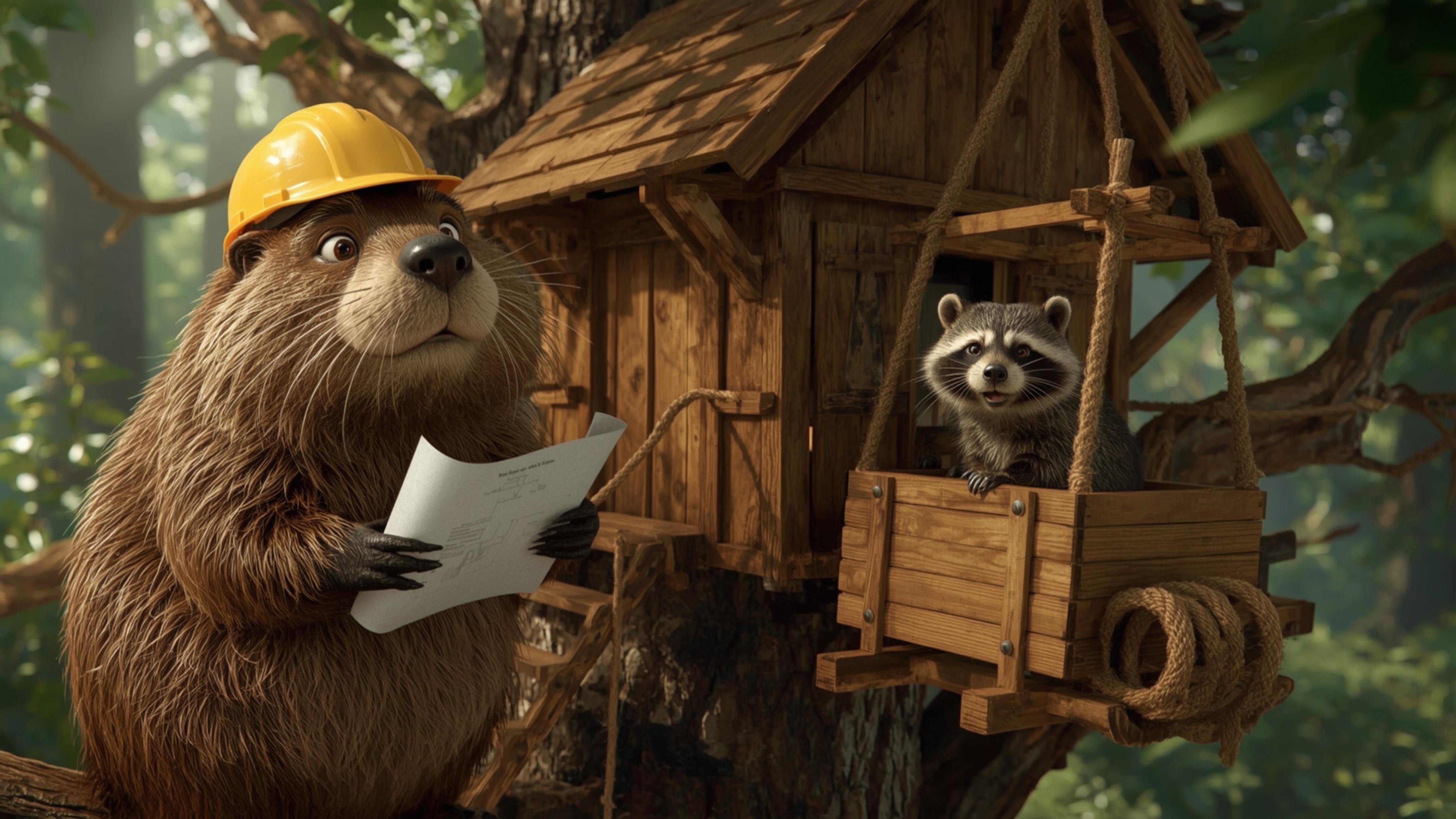 A high-resolution, Pixar-inspired stock photo captures a beaver with shiny brown fur and a miniature hard hat building an int