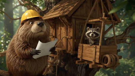 A high-resolution, Pixar-inspired stock photo captures a beaver with shiny brown fur and a miniature hard hat building an int