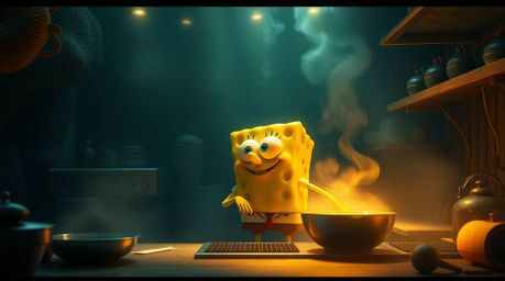 Experience the mesmerizing scene of a graceful sponge character cooking in an underwater kitchen, bathed in a warm, golden gl