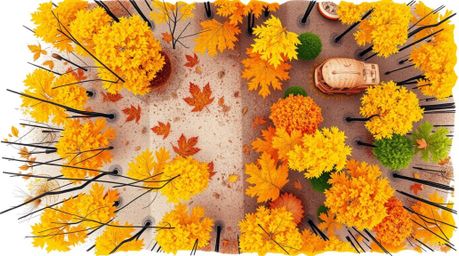 A captivating hand-drawn sketch depicting an overhead view of an autumn forest bathed in the golden light of sunset.  The ske