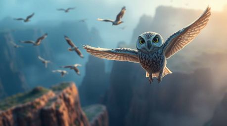 A captivating photographic illustration in a soft, cinematic style depicting a blind owl, skillfully rendered in the style of