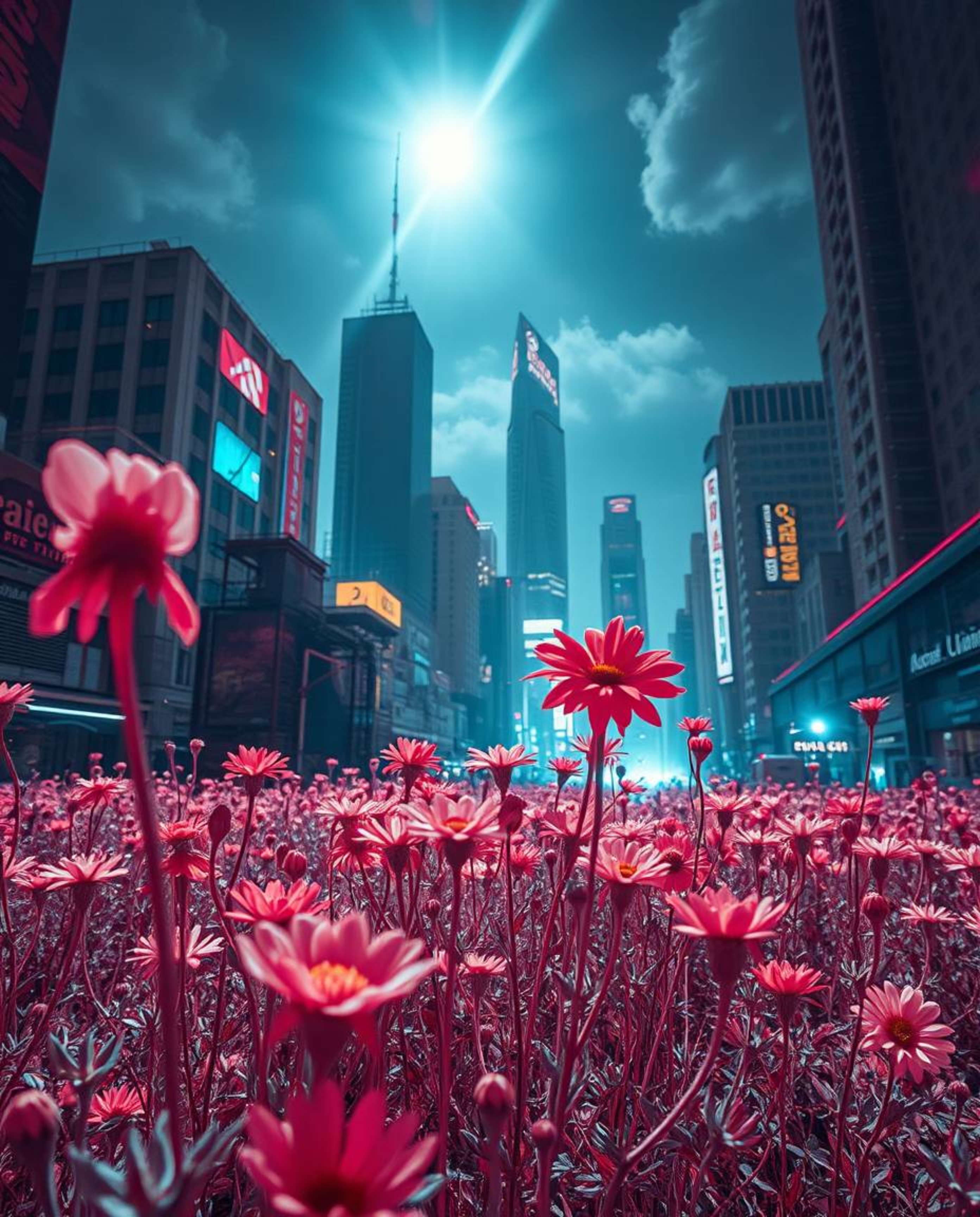 Explore a surreal vision of nature reclaiming urban decay with infrared tones capturing flowers blooming amidst a post-apocal