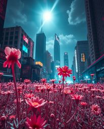 Explore a surreal vision of nature reclaiming urban decay with infrared tones capturing flowers blooming amidst a post-apocal