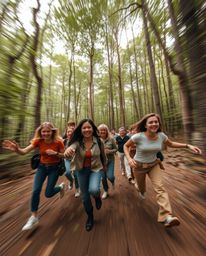 A captivating image depicting a group of friends embarking on a thrilling forest adventure. Their dynamic movements and uniq