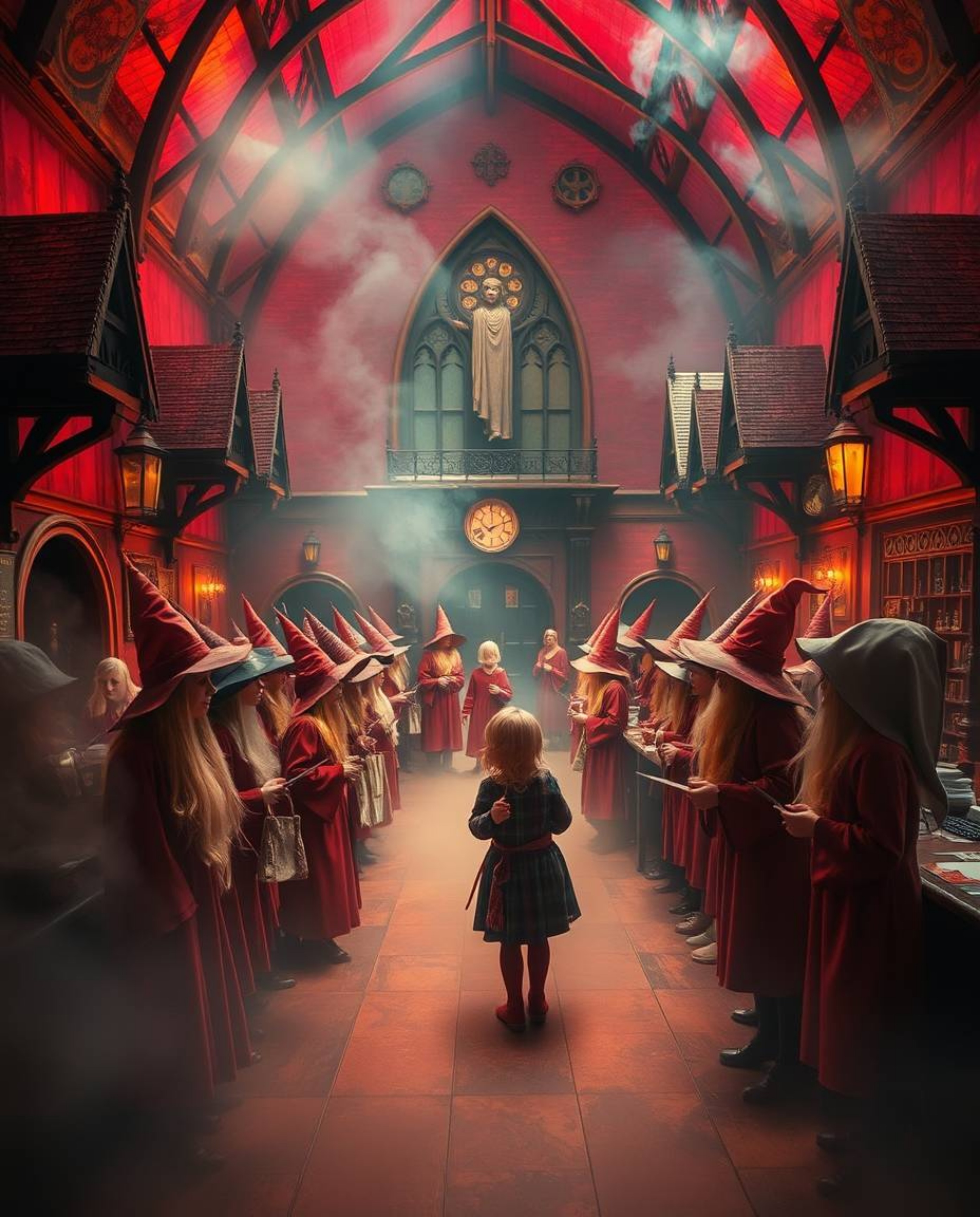 Immerse yourself in a magical school teeming with young wizards, bathed in a warm and inviting color palette of reds, oranges