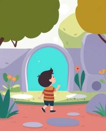 A captivating modern flat design depicts a child with simplified features discovering a magical portal in their backyard. The