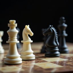 A captivating image of a polished marble chessboard showcases a dramatic mid-game scenario. Intricately carved chess pieces, 