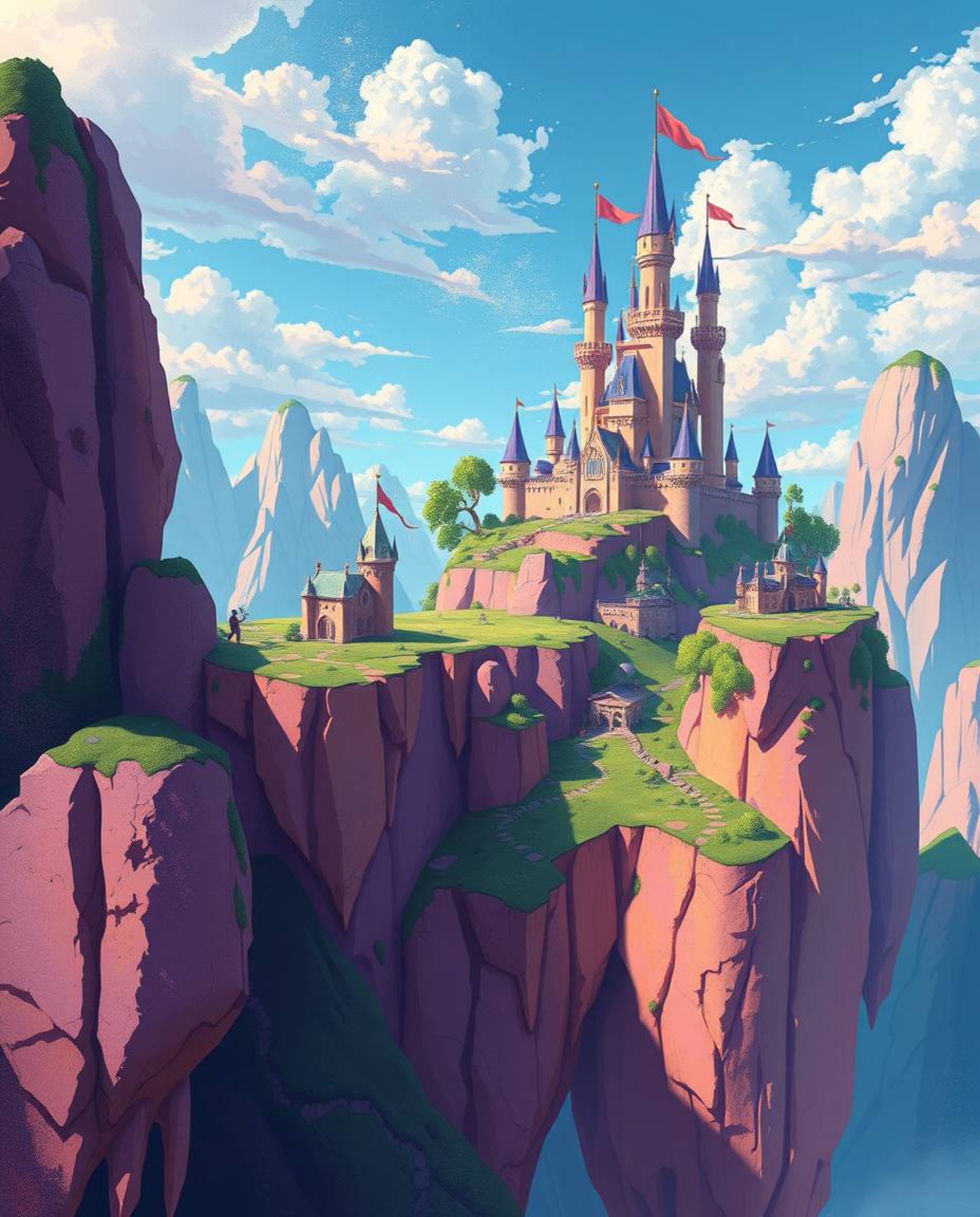 Explore a breathtaking digital painting showcasing a vibrant and fantastical kingdom with floating islands and majestic castl