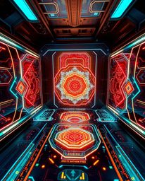 High-angle view capturing a cutting-edge digital interface featuring intricate geometric patterns and a striking holographic 