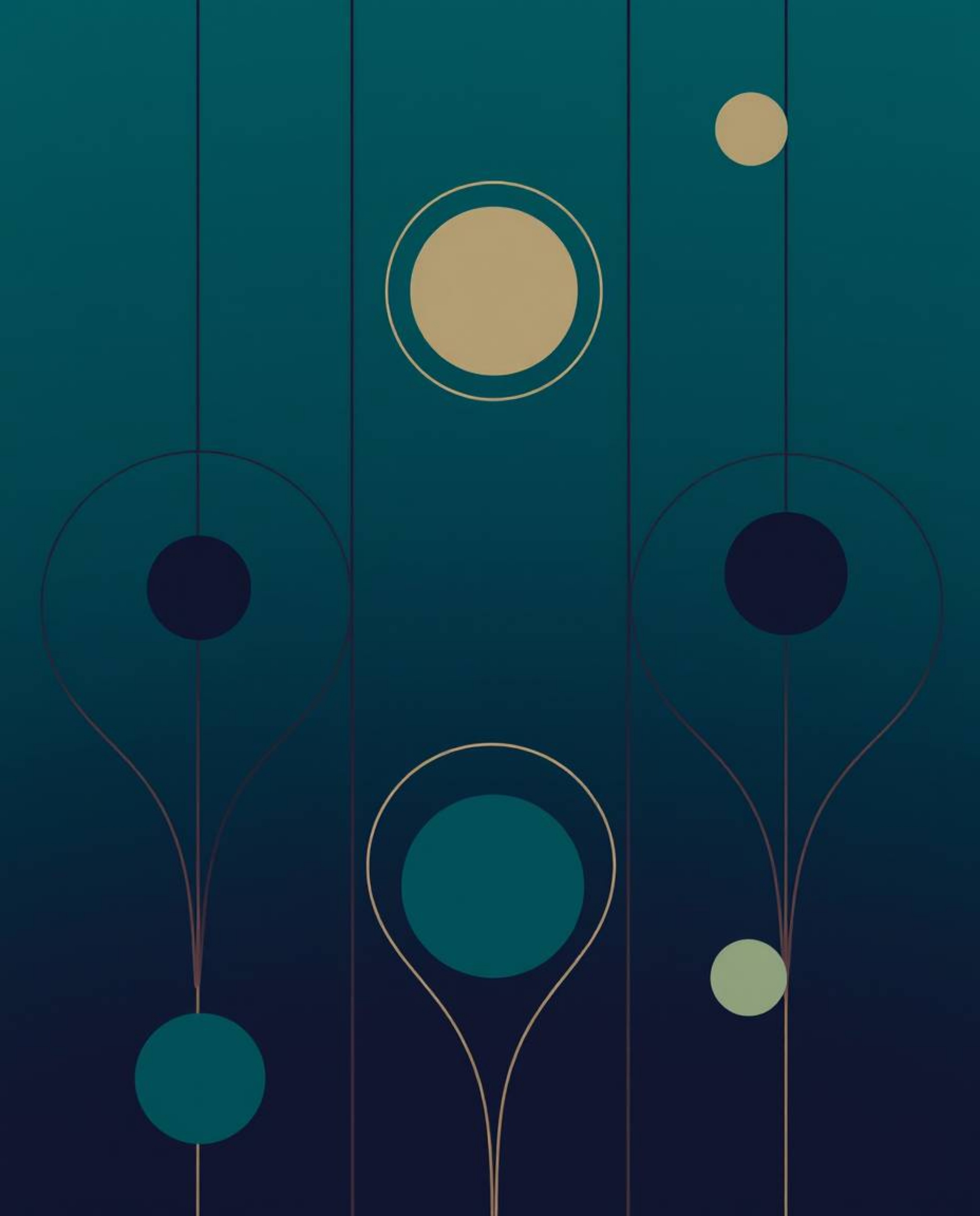 This artwork features a rich, deep teal minimalist geometric pattern composed of circles and lines in the Bauhaus style. The 