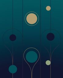This artwork features a rich, deep teal minimalist geometric pattern composed of circles and lines in the Bauhaus style. The 