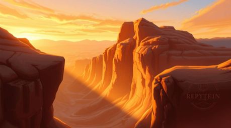 A captivating digital painting depicts a rocky canyon bathed in the warm, radiant glow of a sunset.  Golden hues create a lux