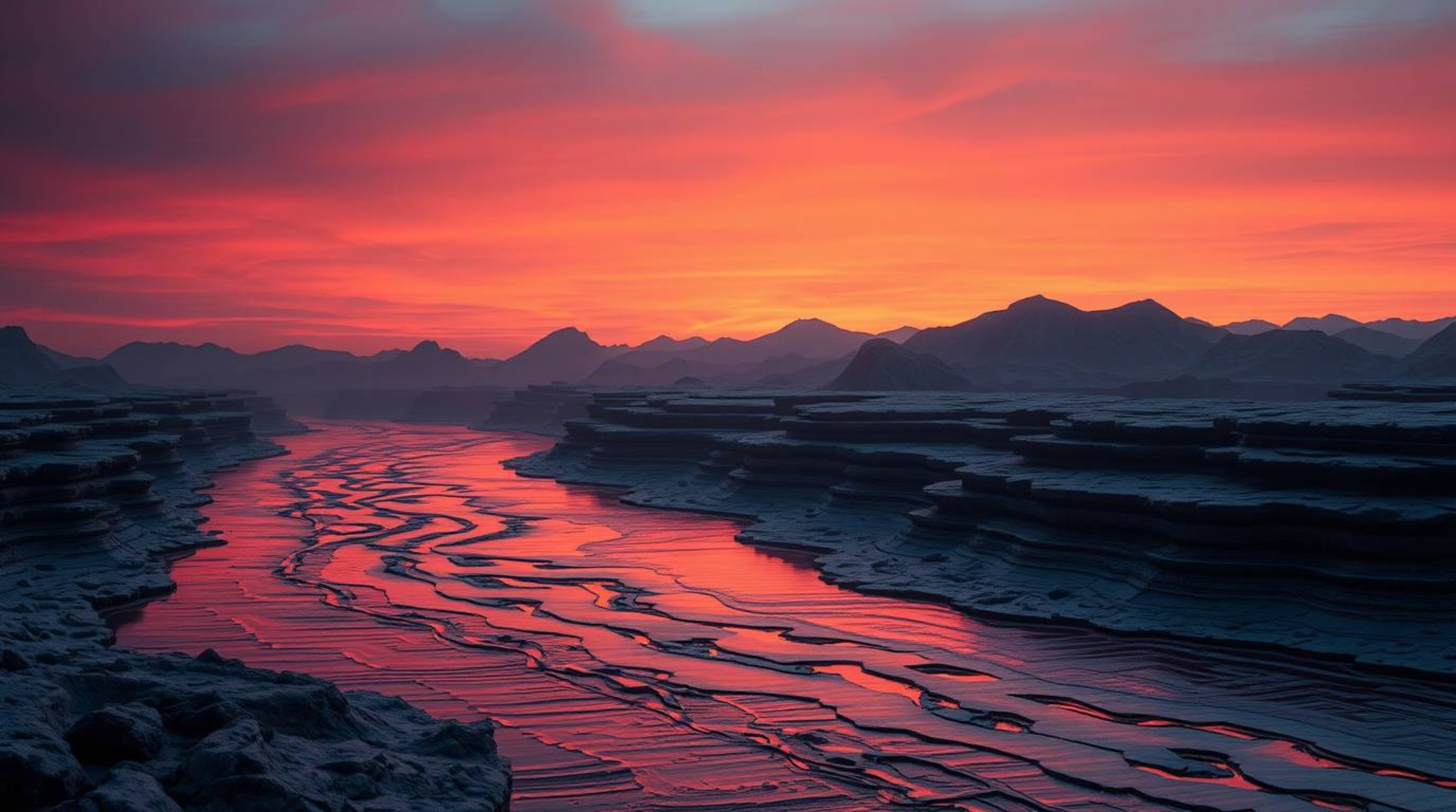Experience a breathtaking cinematic artwork depicting a river delta bathed in twilight hues.  The piece features intricately 