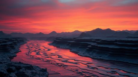 Experience a breathtaking cinematic artwork depicting a river delta bathed in twilight hues.  The piece features intricately 