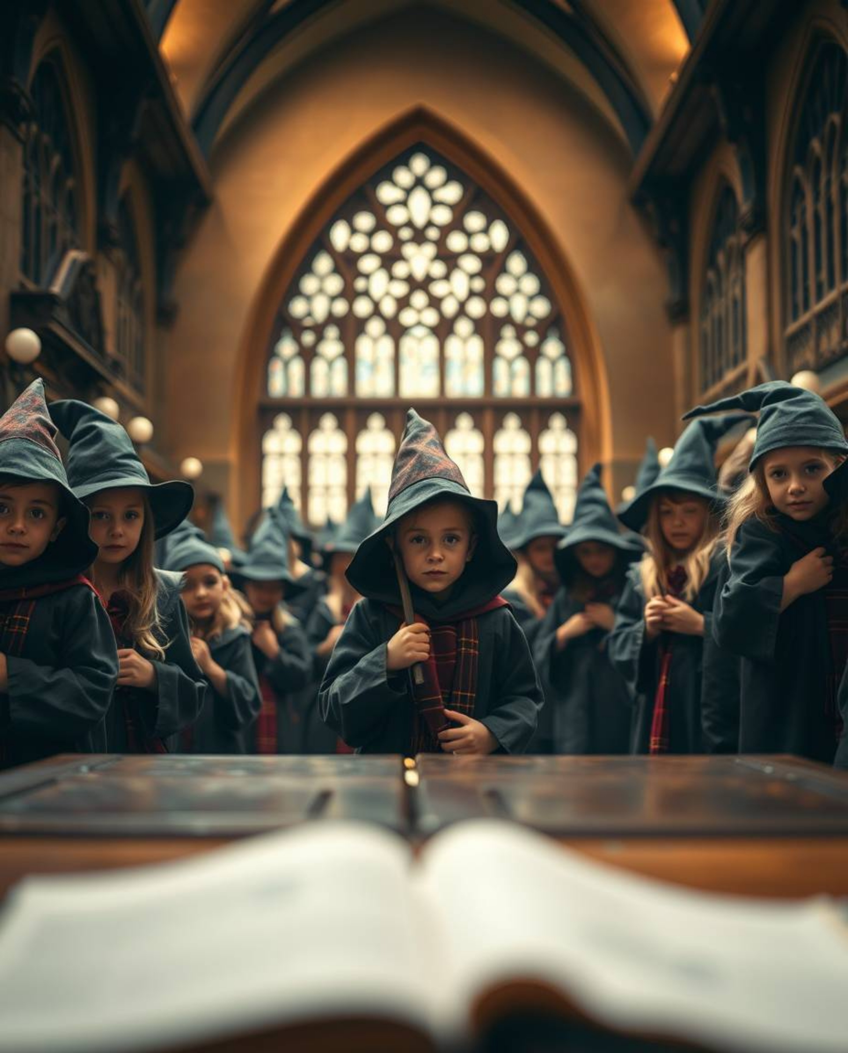 A professional photograph capturing the enchanting ambiance of a magical school brimming with young wizards, rendered in an u