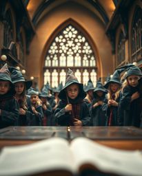 A professional photograph capturing the enchanting ambiance of a magical school brimming with young wizards, rendered in an u