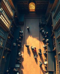 Experience a bird's eye view of a magical school brimming with young wizards, bathed in a warm golden glow. This radiant and 