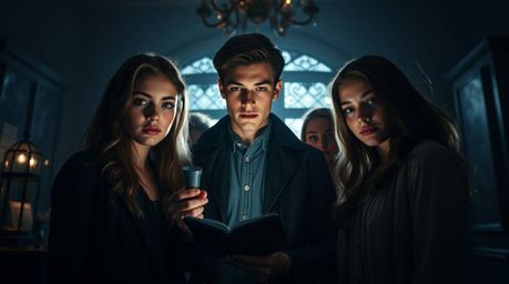 A captivating high-resolution stock photo depicts a group of refined teenagers skillfully unraveling a mystery within an eleg
