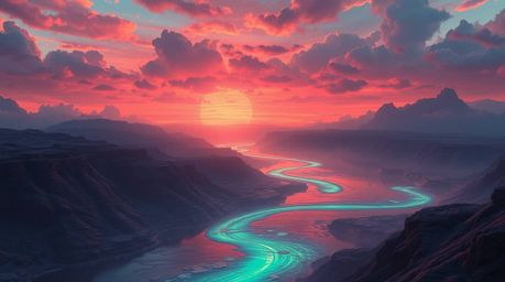 Explore a surreal digital painting featuring a winding river emitting bioluminescent colors under a dramatic orange-pink sky.