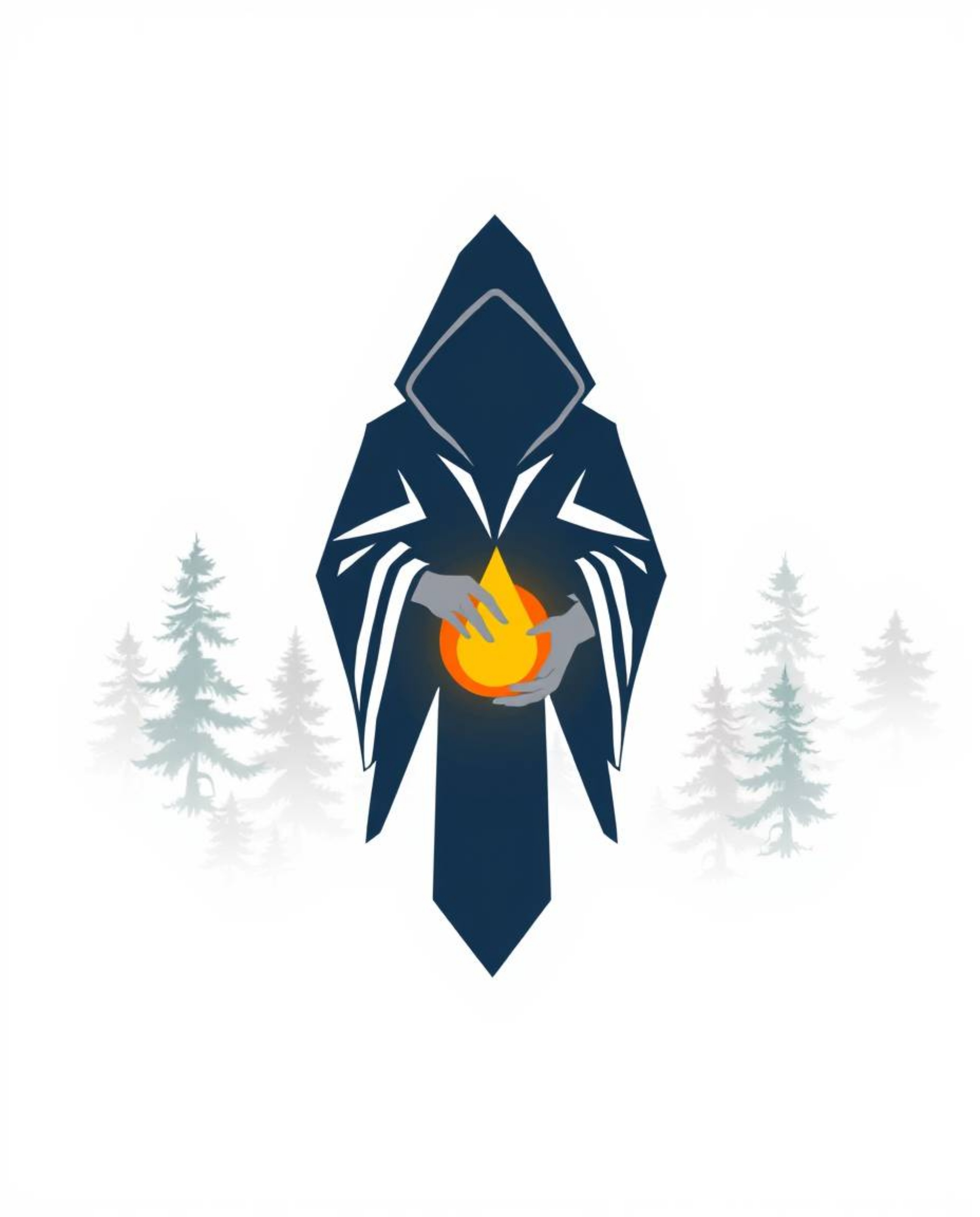 This geometric logo design features a captivating cloaked figure standing in a misty forest, holding a glowing orb.  The desi