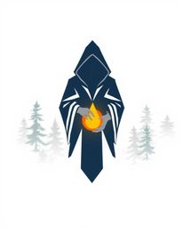 This geometric logo design features a captivating cloaked figure standing in a misty forest, holding a glowing orb.  The desi
