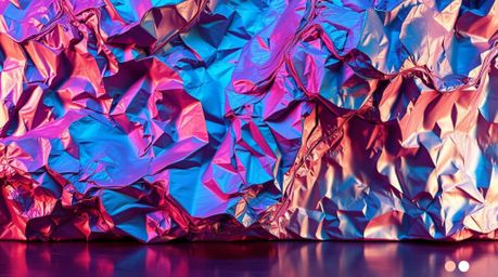 Explore the captivating world of layered papier-mâché art with an iridescent gradient texture on a metallic surface. This mas