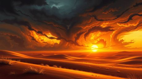 A captivating digital painting showcases a breathtaking sunset at the edge of a desert.  Golden dunes stretch towards a vibra
