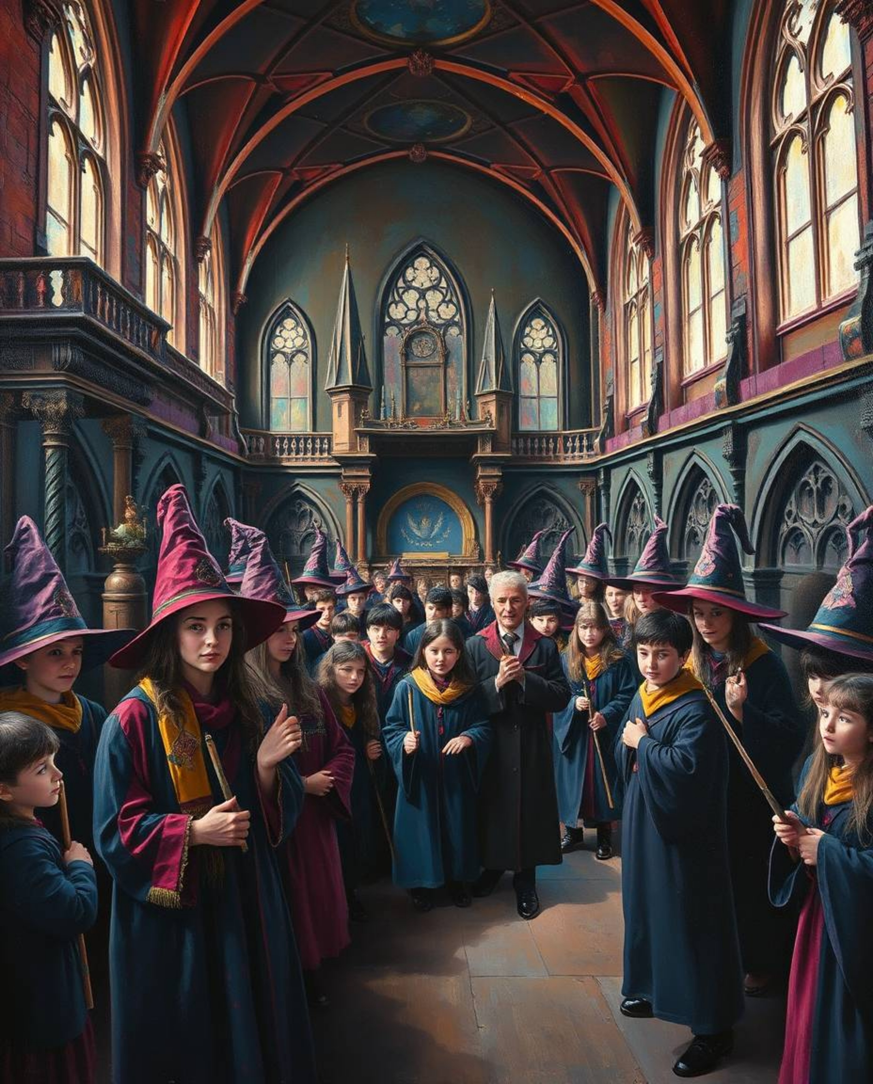 Discover a captivating illustration of a magical school brimming with young wizards.  Rendered in a classic oil painting styl