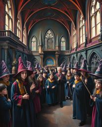 Discover a captivating illustration of a magical school brimming with young wizards.  Rendered in a classic oil painting styl