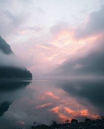 A dreamy photograph captures the reflections of fiery clouds in a mountain lake. The scene is defined by its soft light and h