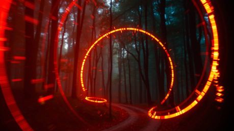 A captivating animation depicting a chase through a mesmerizing looping forest.  The artwork utilizes vibrant warm reds, oran