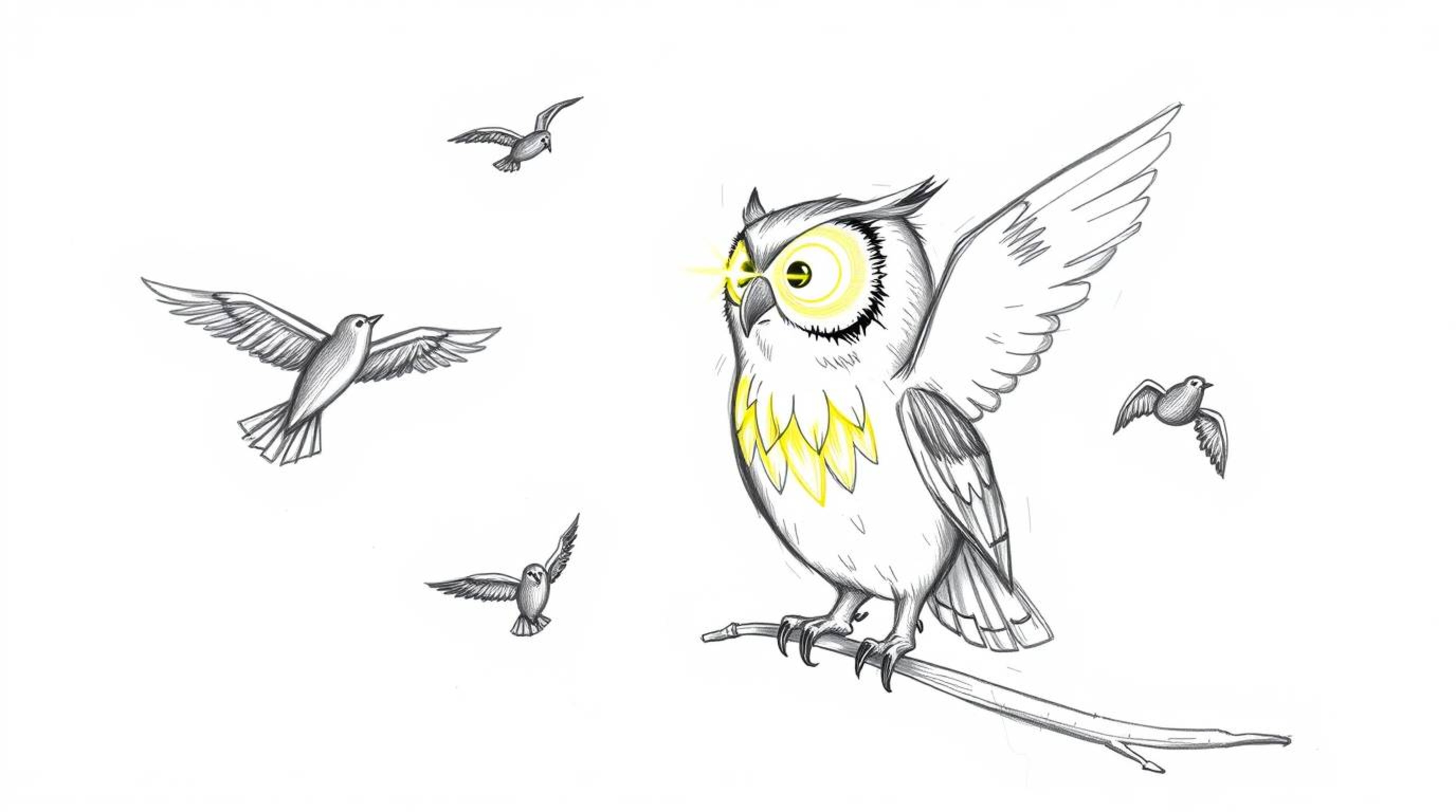 A hand-drawn Pixar-style sketch portrays a blind owl with radiant feathers, bathed in a sunbeam, guiding other birds in fligh