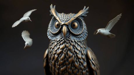 A captivating cast bronze sculpture depicting a blind owl in a Pixar-inspired style, embodying the spirit of encouragement an