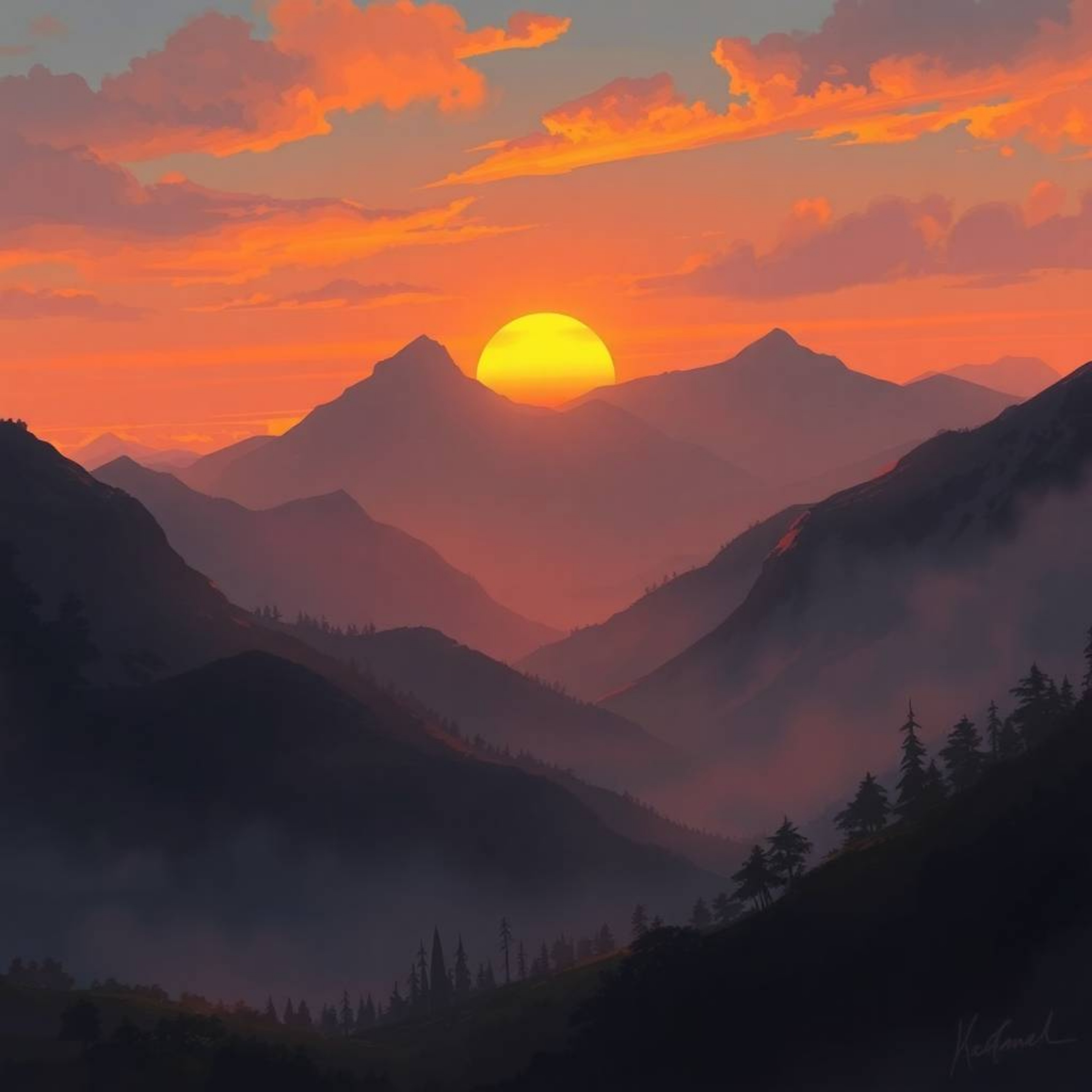 A captivating digital painting depicts a serene sunset over a tranquil mountain valley.  The artwork evokes a mystical and en