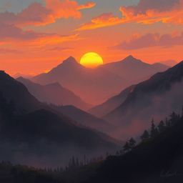 A captivating digital painting depicts a serene sunset over a tranquil mountain valley.  The artwork evokes a mystical and en