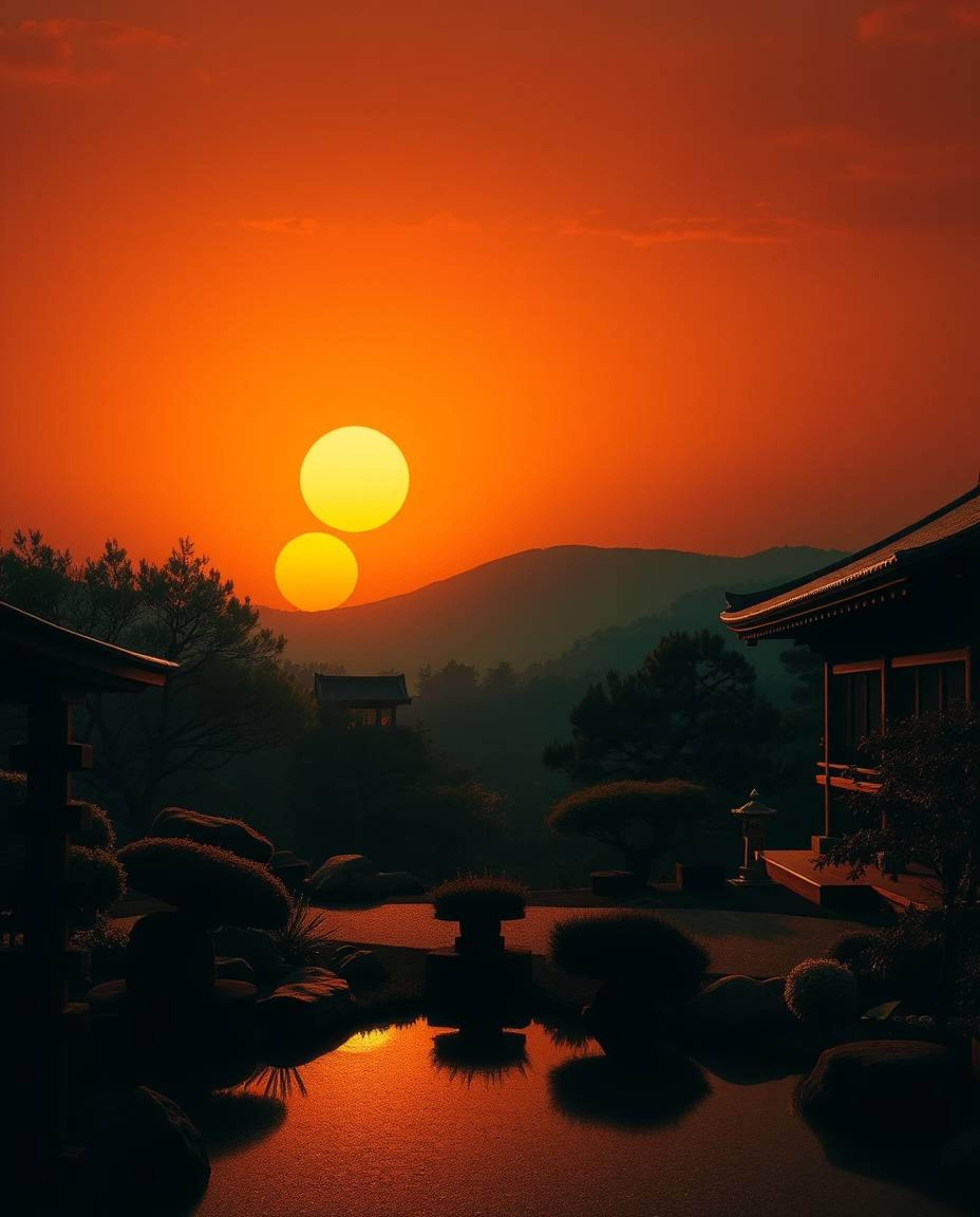 Discover a serene Zen garden at sunset, brought to life through dramatic chiaroscuro lighting. This striking scene is defined