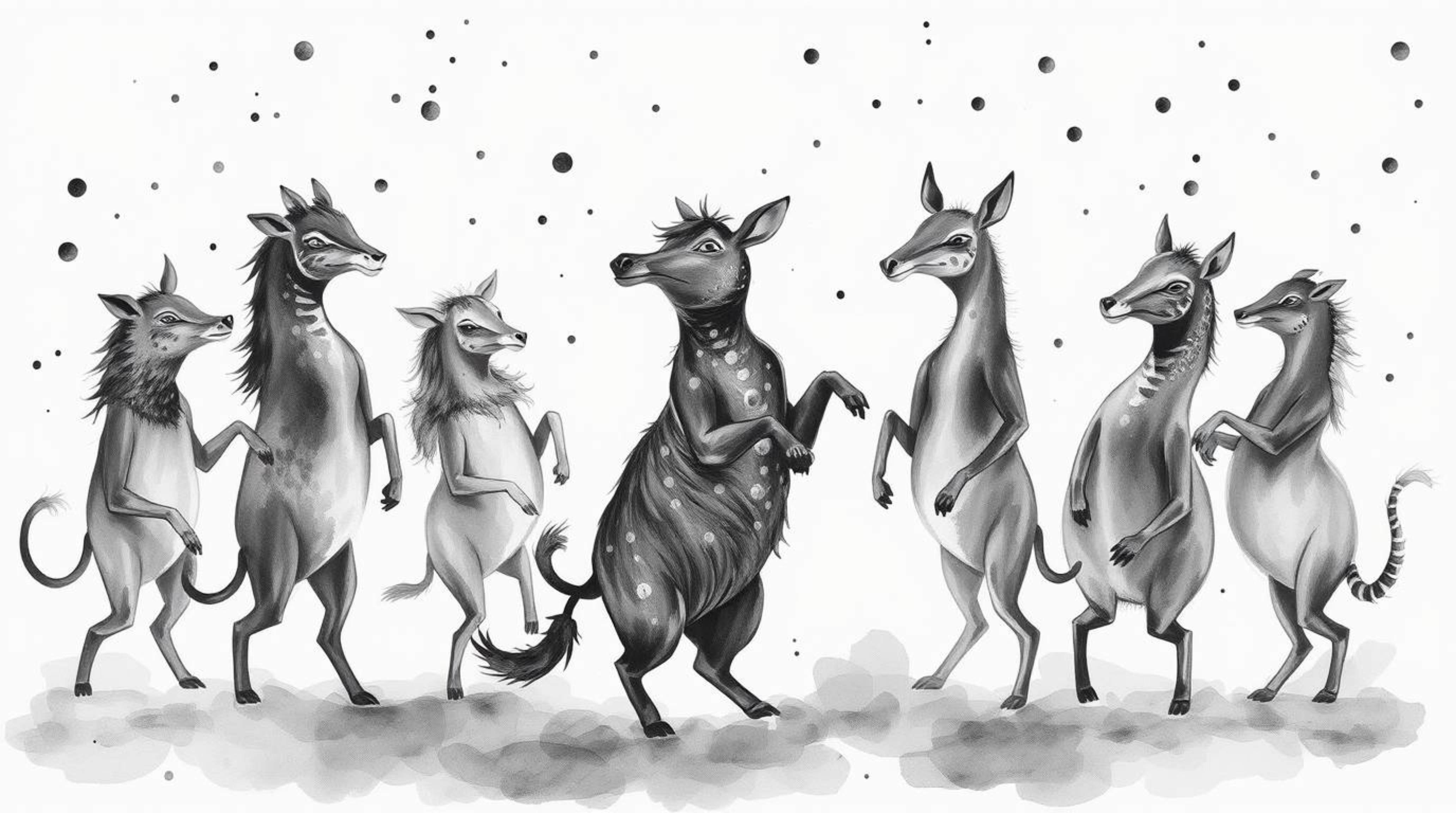 A captivating classic black and white watercolor painting depicts an elegant animal dance party illuminated by disco lights. 