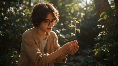 In a warmly lit, cinematic photograph, a tousled-haired, bespectacled homeschooled genius with a gentle smile tenderly cradle