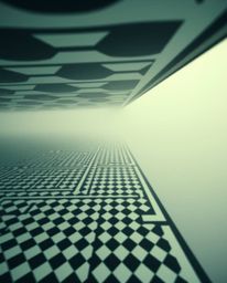 This image showcases a high-angle perspective of a black and white geometric, optical illusion pattern, rendered with soft fo