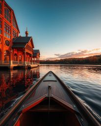 An architectural color photograph of a boat drifting on a sunset lake, showcasing sharp lines, detailed structures, wide angl