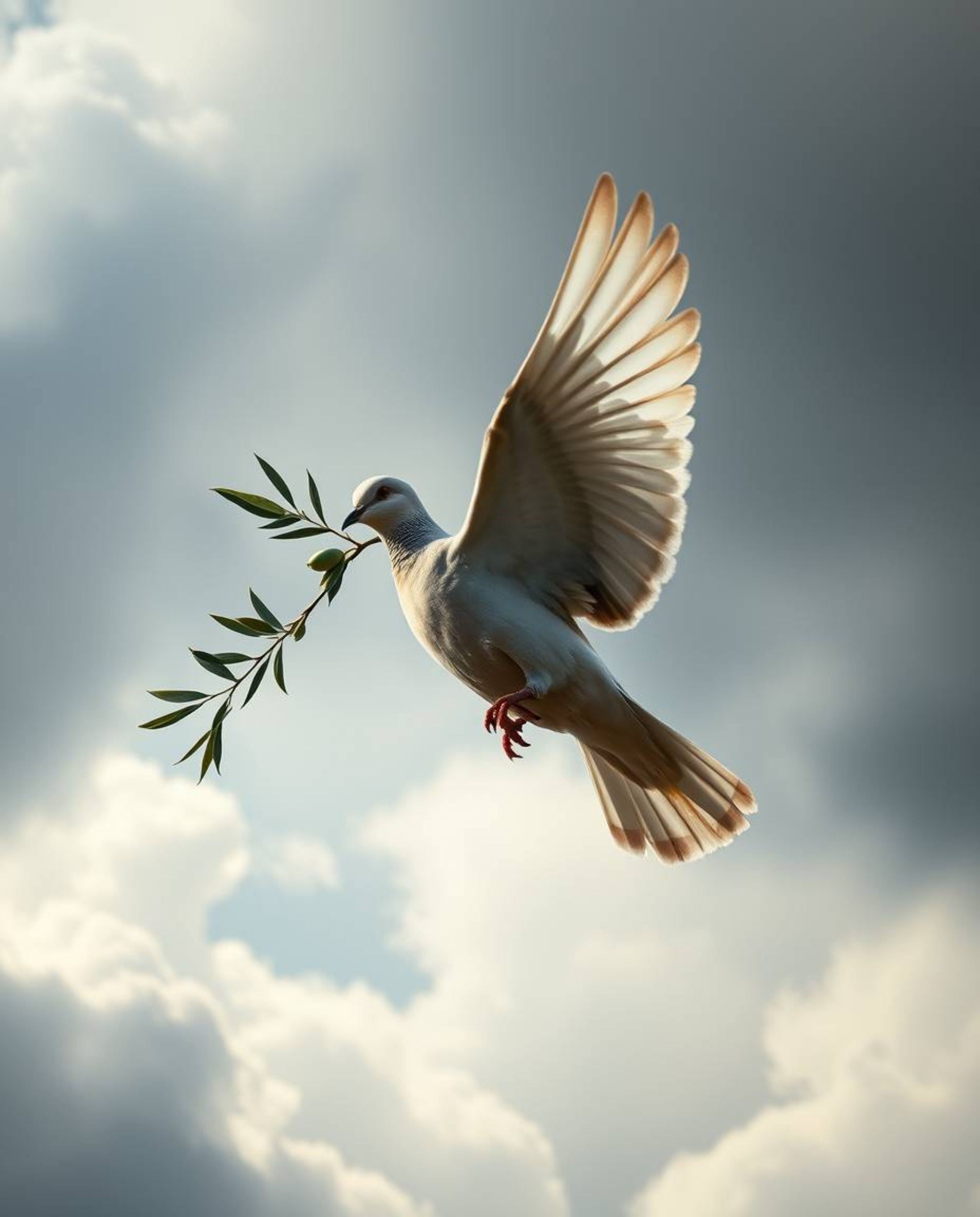 A powerful image of a dove carrying an olive branch amidst stormy skies, rendered with stark shadows and heroic undertones, e