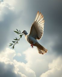 A powerful image of a dove carrying an olive branch amidst stormy skies, rendered with stark shadows and heroic undertones, e